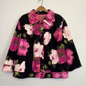 Dana Buchman Woman Floral 3/4 Sleeve Denim Jacket Size 20 Button Up Black & Pink